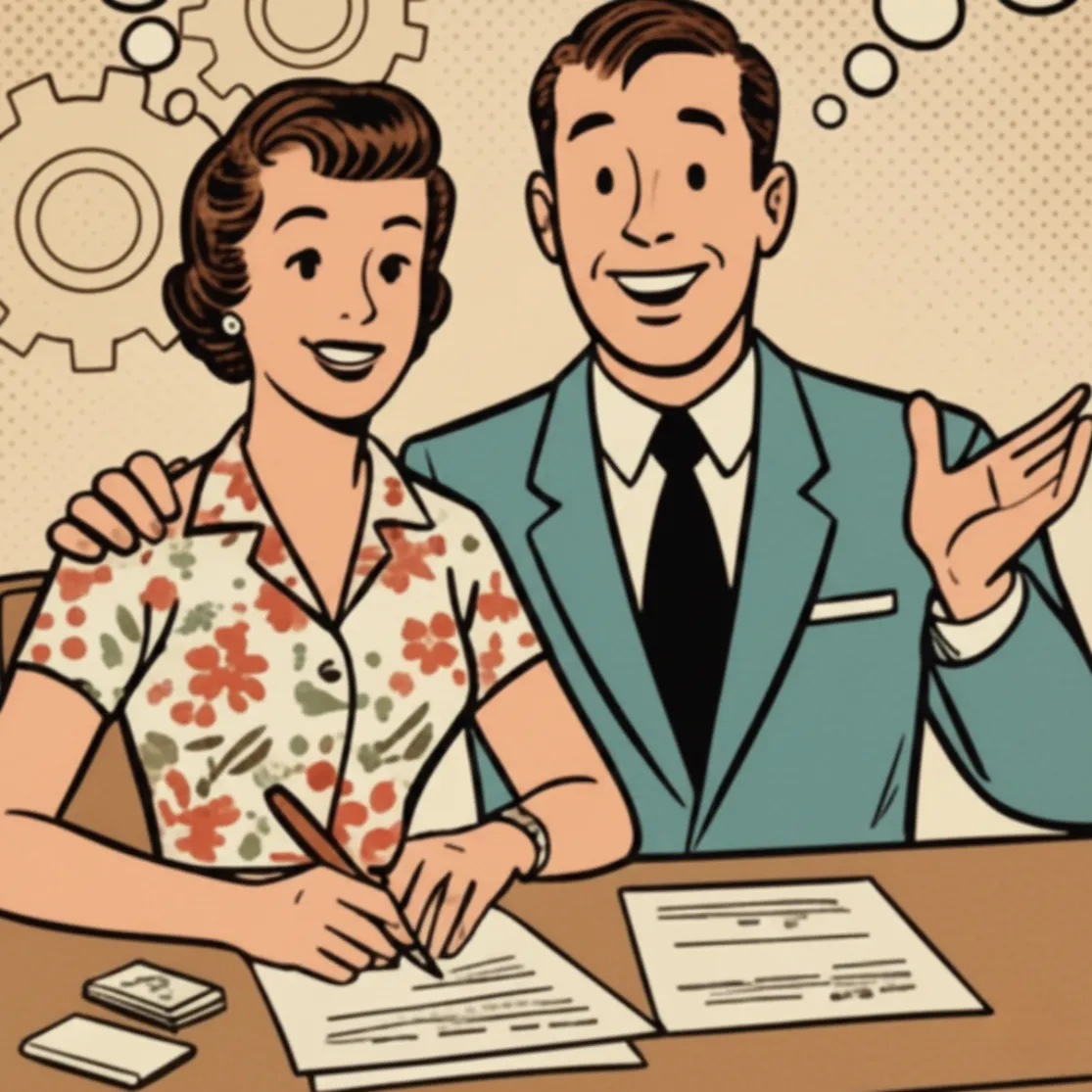SEO Alt Text: Retro comic style illustration of a happy couple signing home loan documents with a smiling loan officer representing successful mortgage closing.