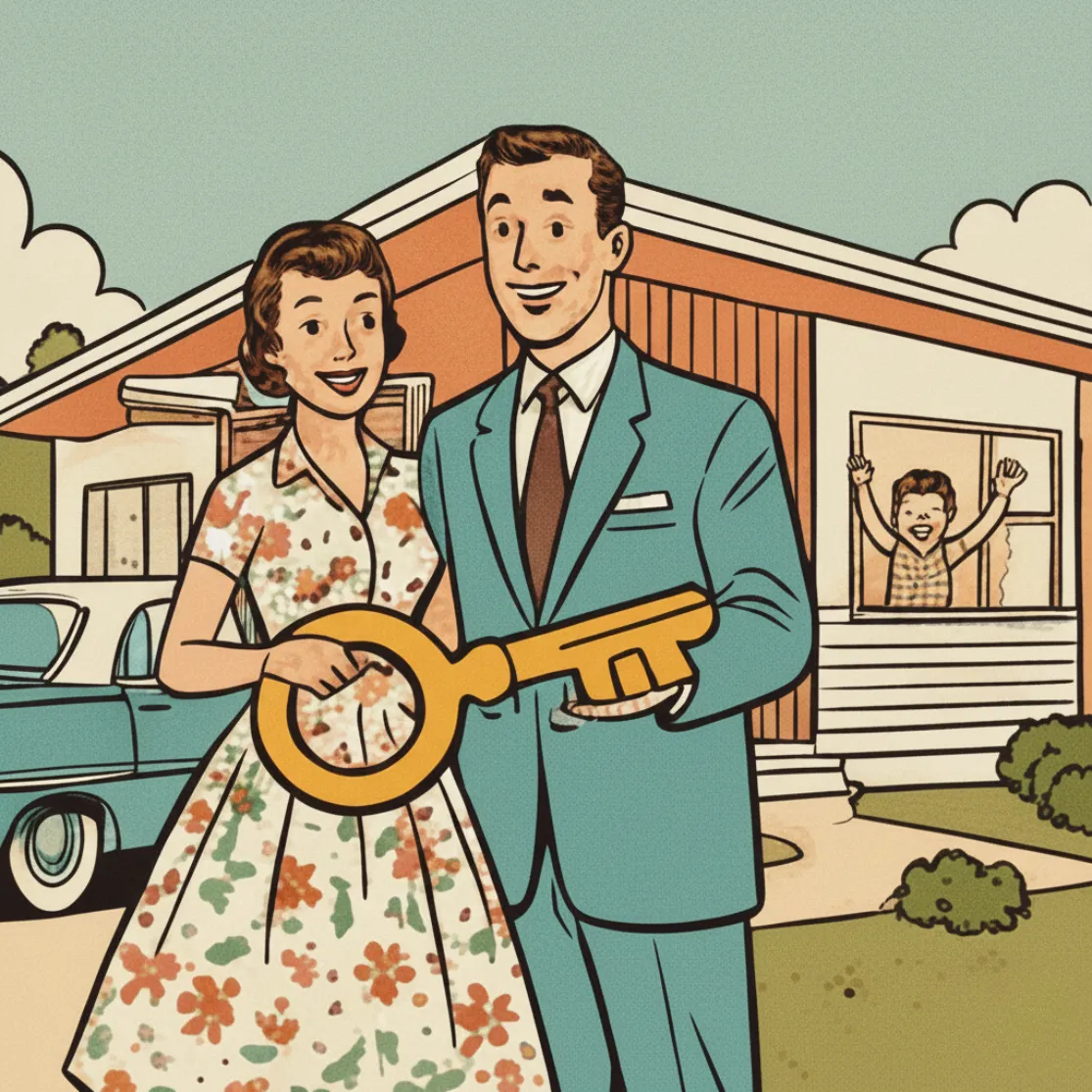 Retro comic style illustration of a happy couple holding a giant golden key in front of their new home with a child waving from the window.