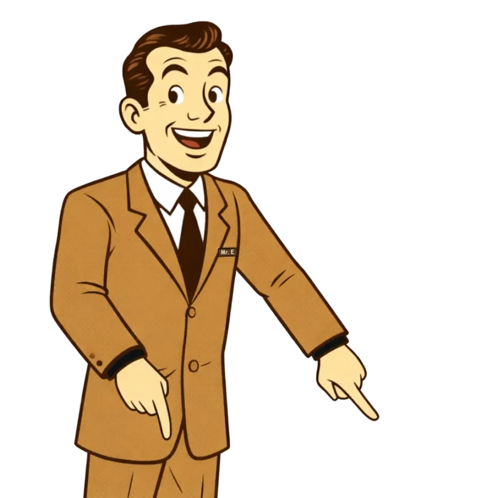 Retro character illustration of Mr. E in a tan suit pointing down, ideal for directing users to mortgage application forms or "Apply Now" buttons.