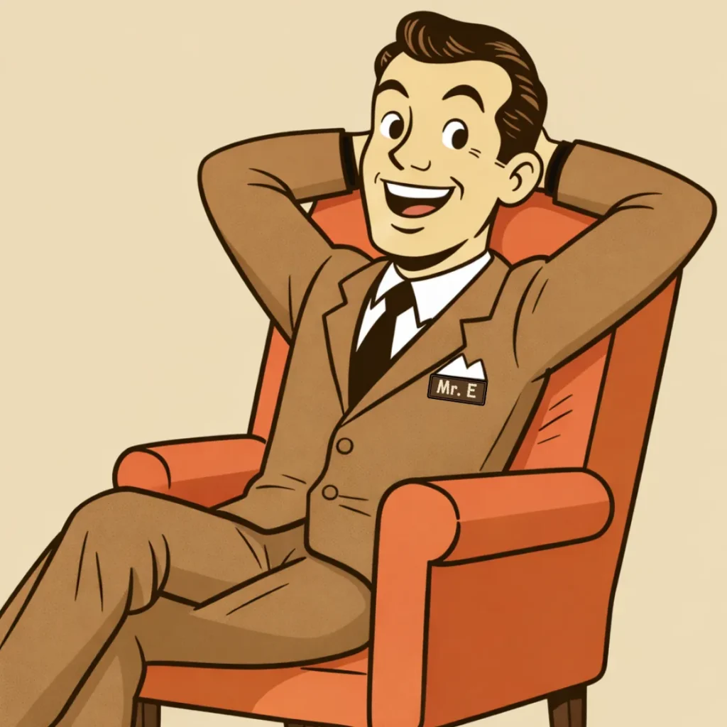Retro 2D illustration of Mr. E relaxing in an orange armchair with his hands behind his head, symbolizing a stress-free and easy mortgage process with Mr. E Loan.